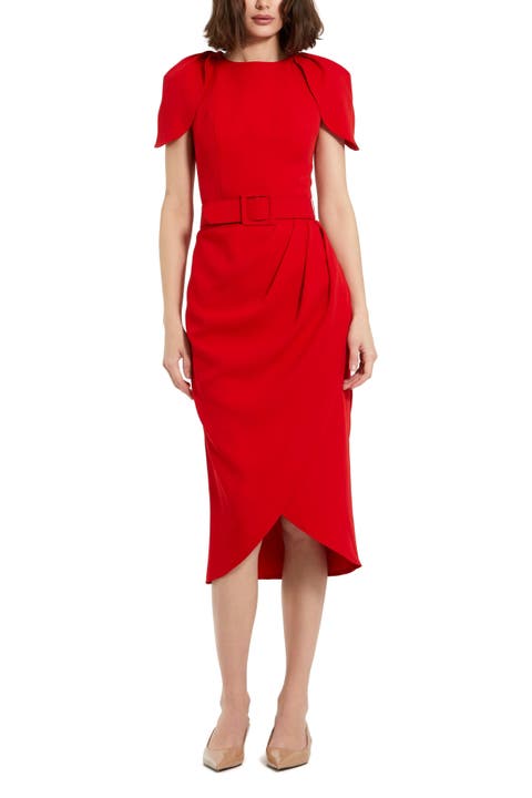 Crepe High Neck Midi Tulip Dress With Belt