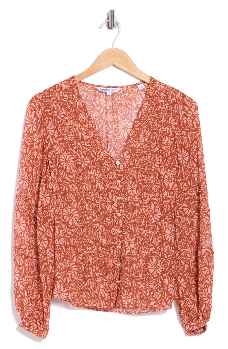 Veronica Beard Calvin Long Sleeve Silk Button-Up Top, Main, color, Dark Persimmon Multi