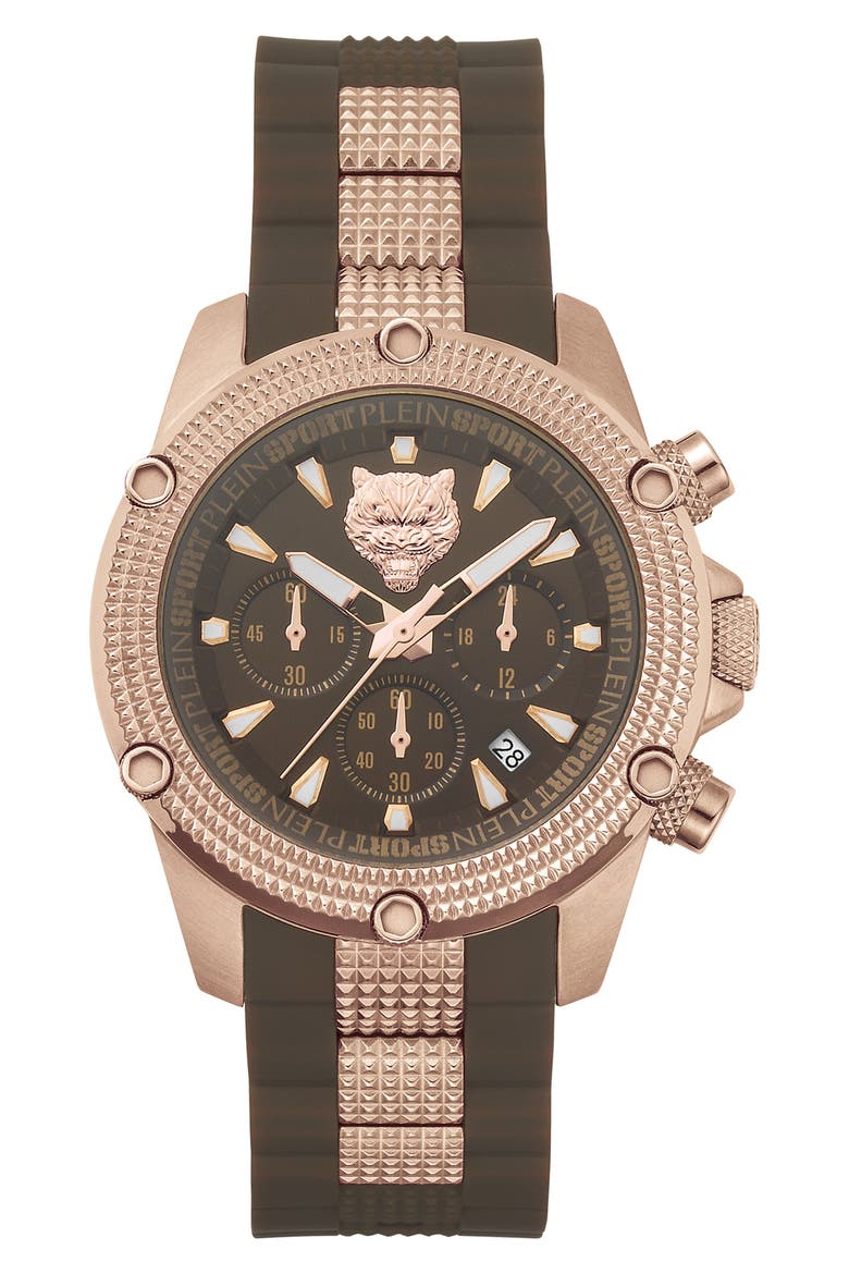 Hurricane Silicone Strap Watch, 44mm, Main, color, ROSE GOLD/ BROWN