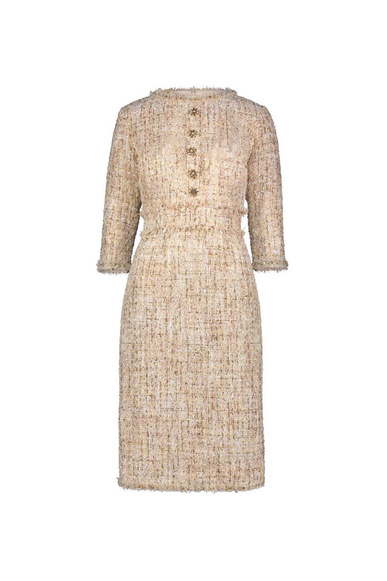 High neck 3/4 Sleeve Beaded Trim Midi Dress, Alternate, color, Blush