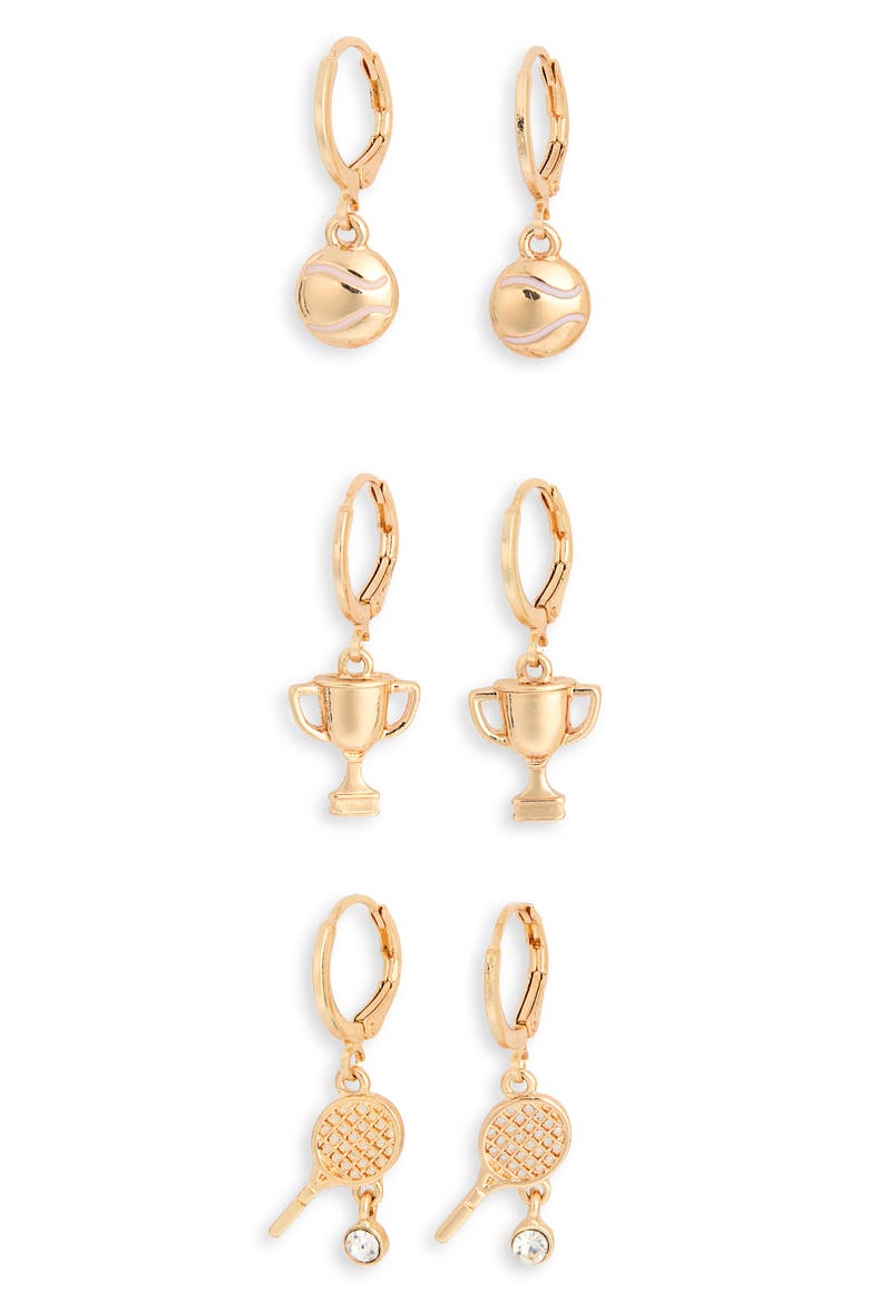 Tennis Theme Set of 3 Huggie Hoop Earrings, Main, color, CLEAR- GOLD
