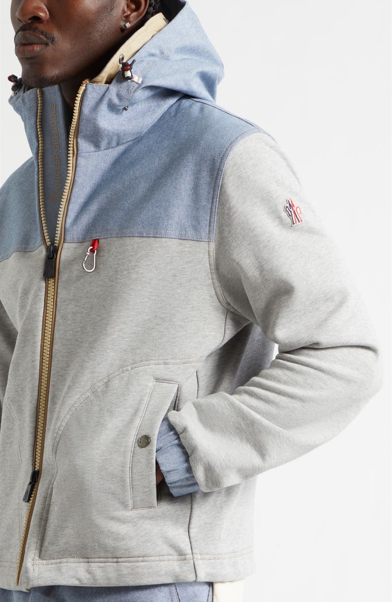 Moncler Grenoble Cotton Fleece & Chambray Zip Sweatshirt, Alternate, color, Grey Melange