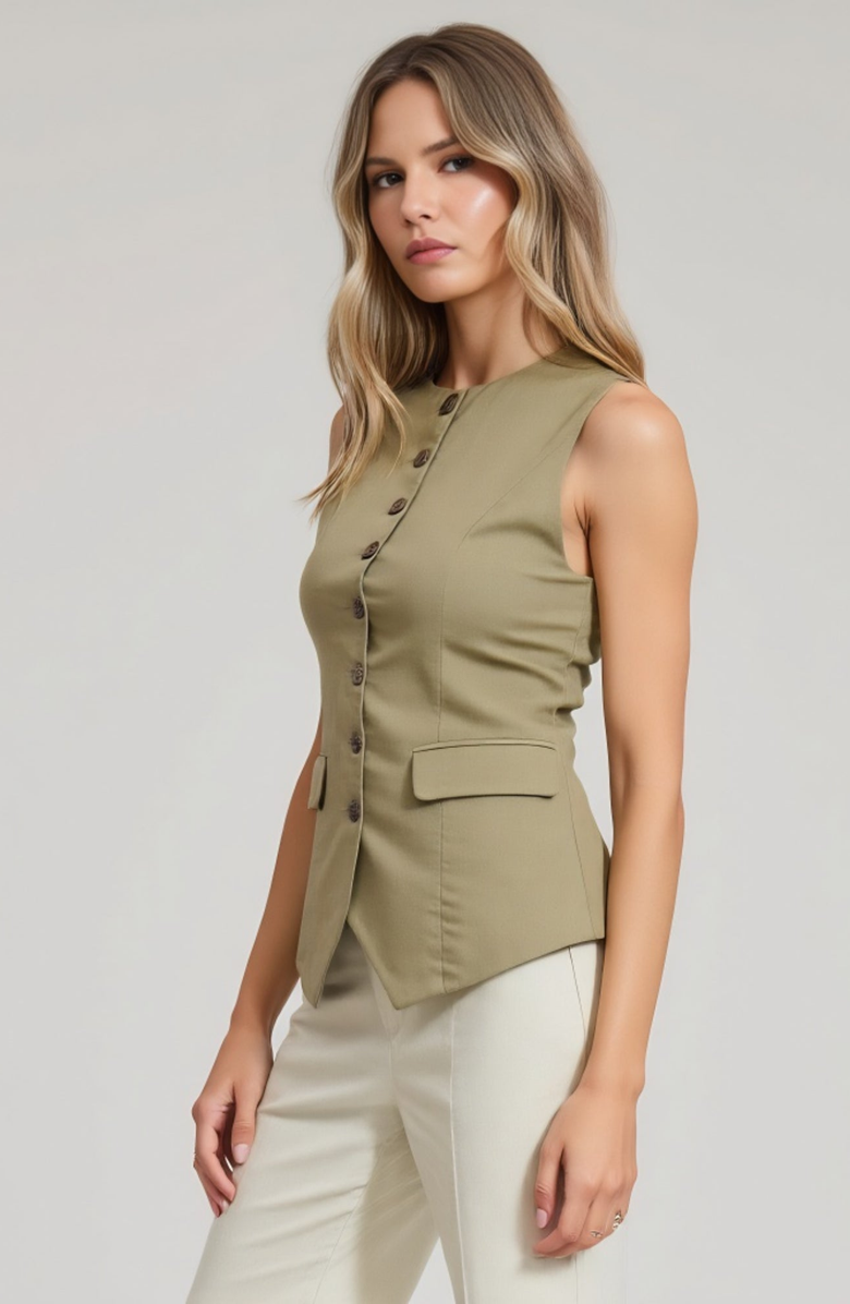 Modenaire Tailored Button Front Flap Pocket Notched Hem Vest, Alternate, color, Olive Green