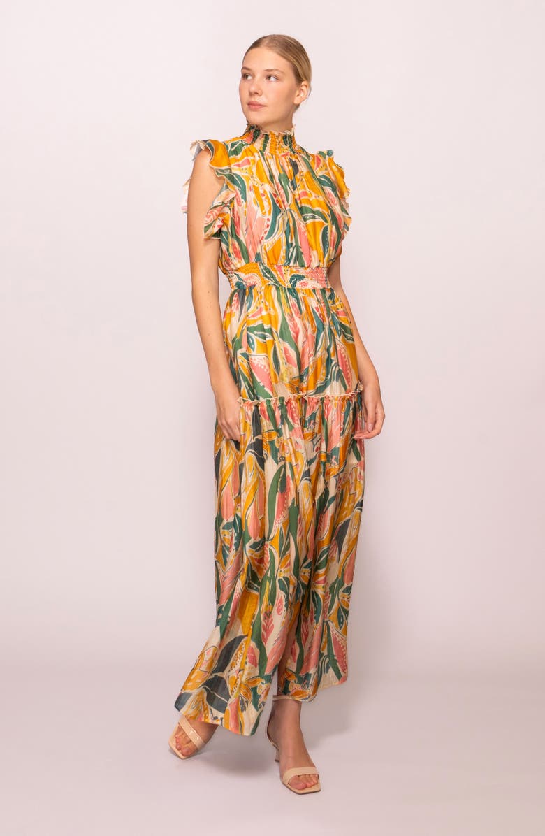 MELLODAY Floral Flutter Sleeve Maxi Dress, Alternate, color, Yellow Multi