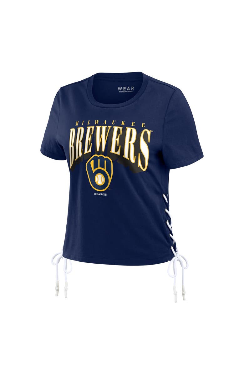 WEAR by Erin Andrews Women's WEAR by Erin Andrews Navy Milwaukee Brewers Side Lace-Up Cropped T-Shirt, Alternate, color,