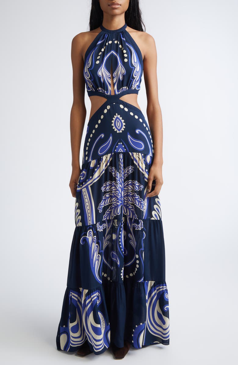 Johanna Ortiz Floral Paisley Double Silk Georgette Maxi Dress, Main, color, Navy / Ecru
