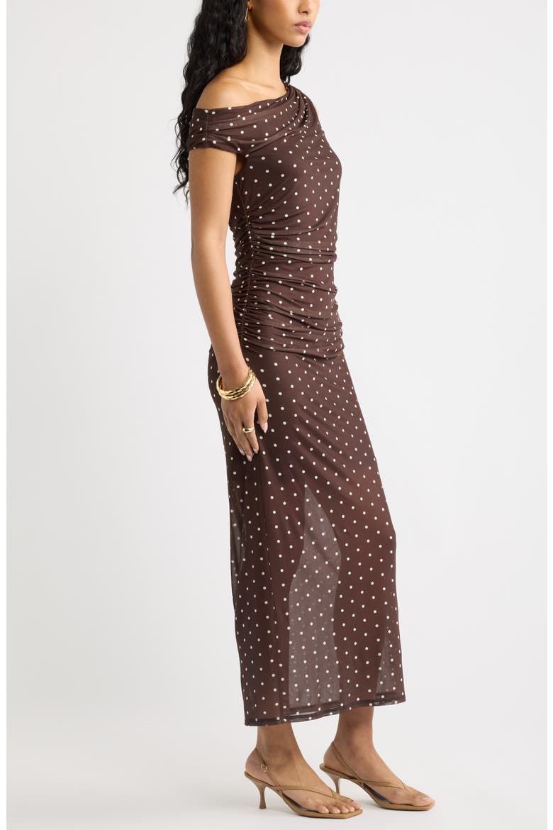 Off the Shoulder Mesh Midi Dress, Alternate, color, BROWN- IVORY CORNER DOT