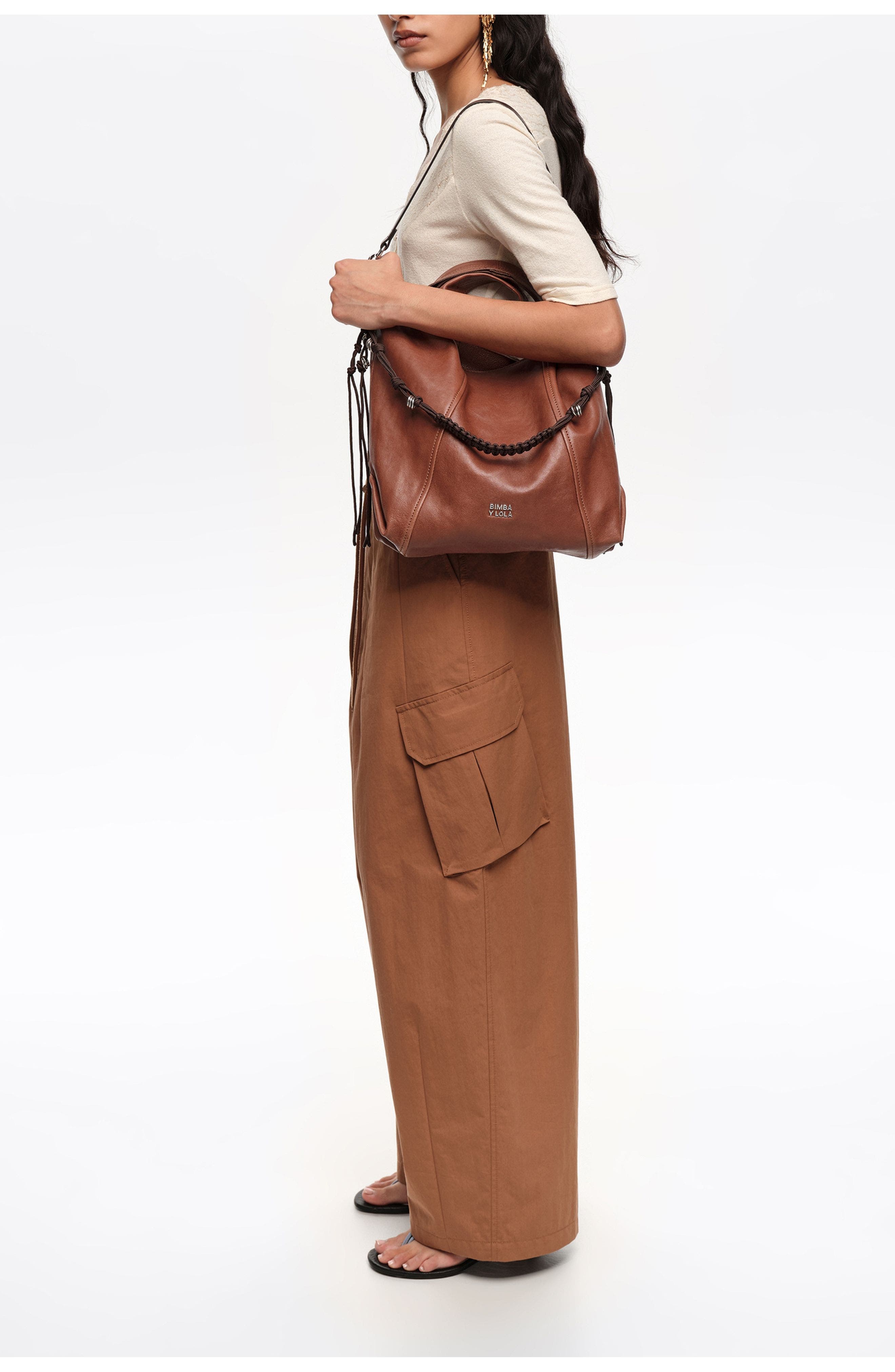 Bimba y Lola Leather Paper Bag, Alternate, color, Dark Tan