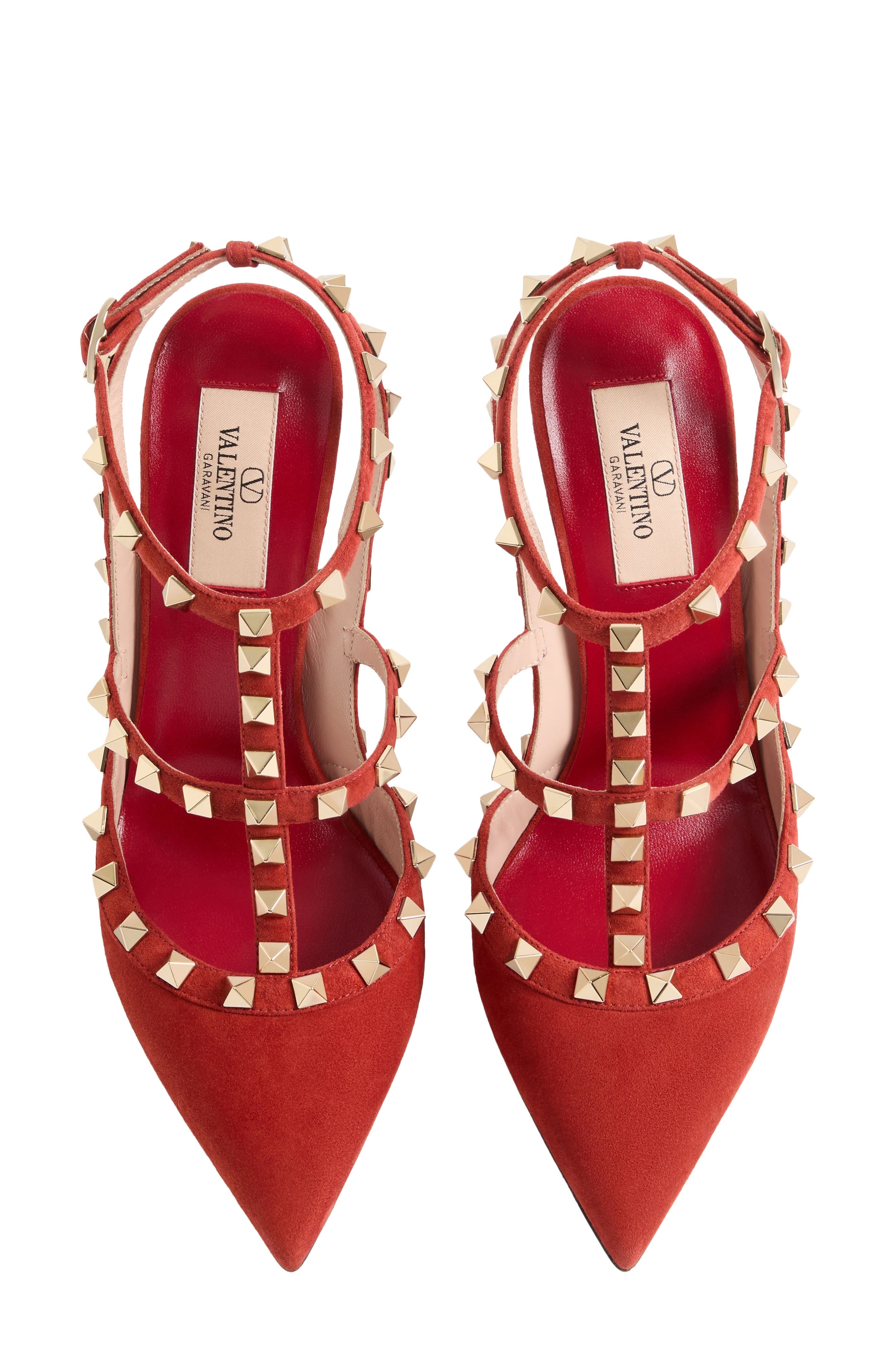 Rockstud Pointed Toe Ankle Strap Pump, Alternate, color, RED