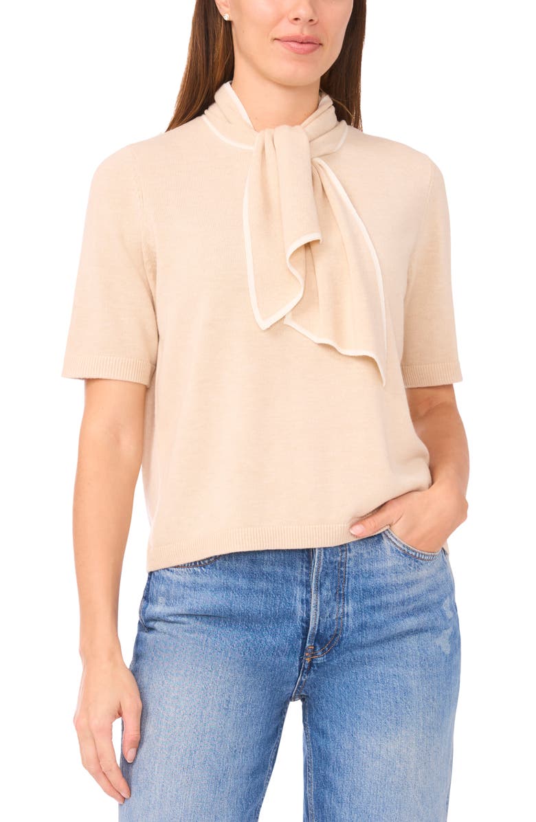 CeCe Tipped Tie Neck Sweater, Main, color, French Taupe