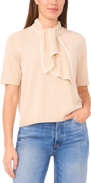 CeCe Tipped Tie Neck Sweater