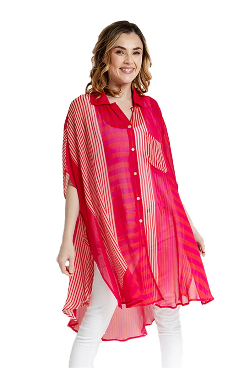 Sheer Oversize Stripe Cover-Up Shirt, Alternate, color, RED