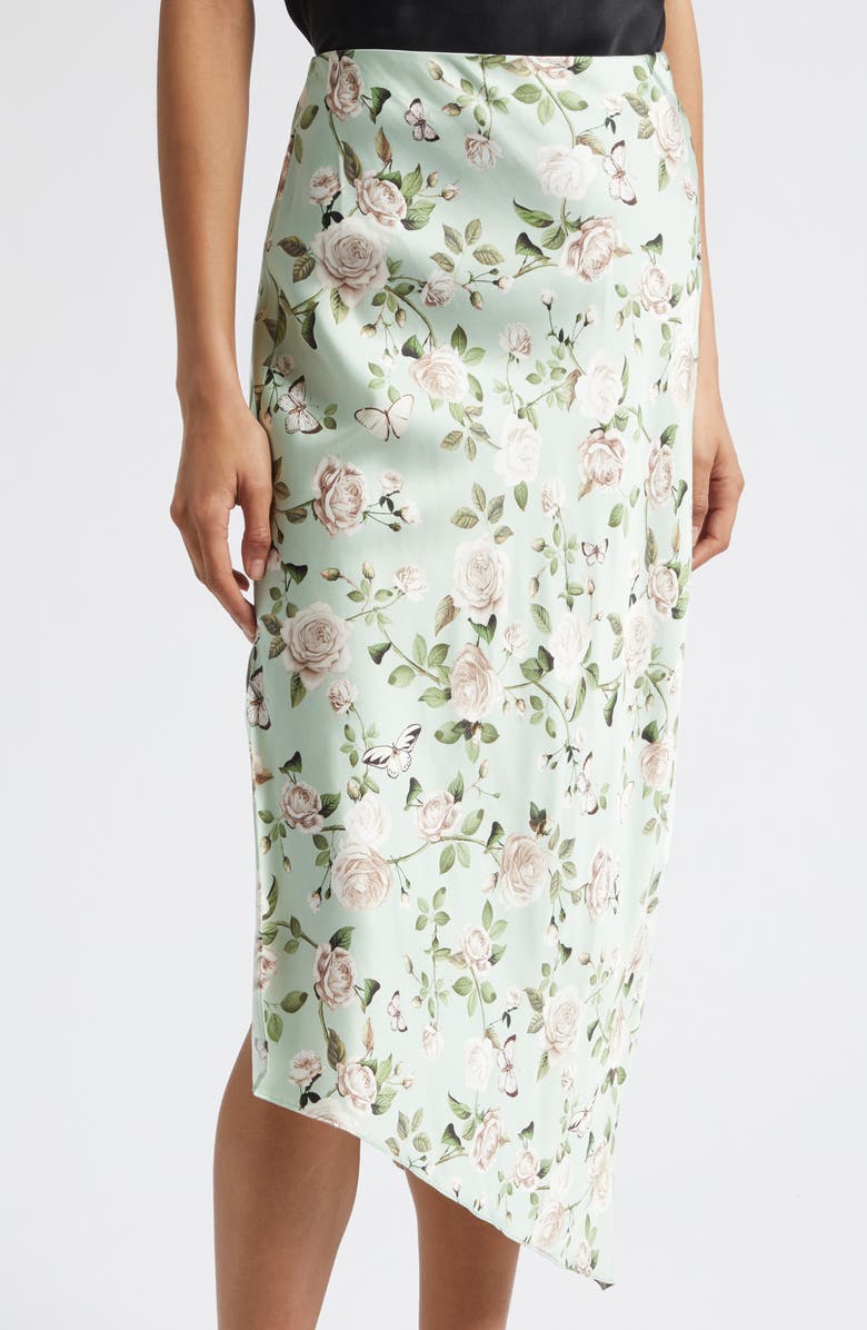Alice + Olivia Maeve Mixed Print Asymmetric Satin Slip Skirt, Alternate, color, Garden Gossip Light Sage