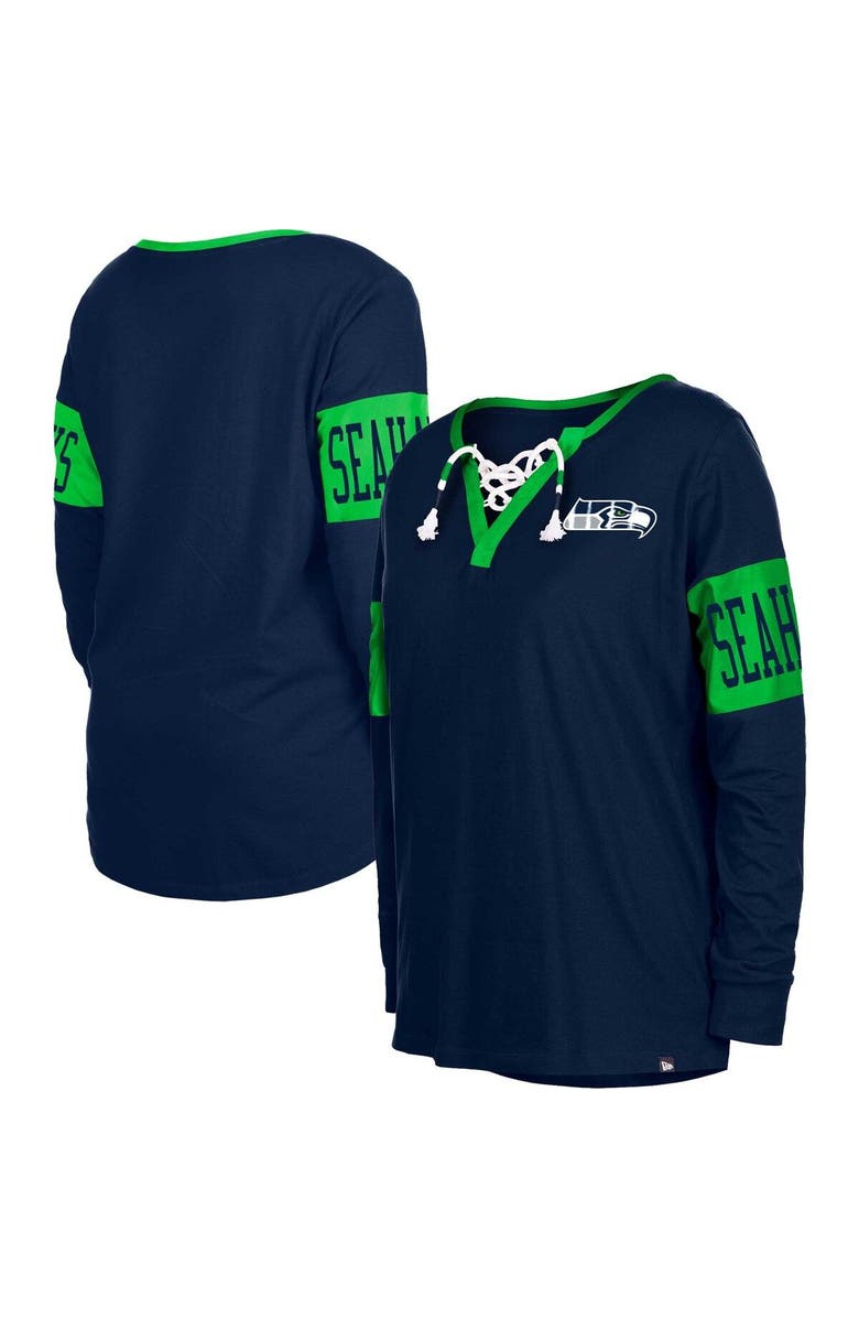 New Era Women's New Era College Navy Seattle Seahawks Lace-Up Notch Neck Long Sleeve T-Shirt, Main, color, Navy