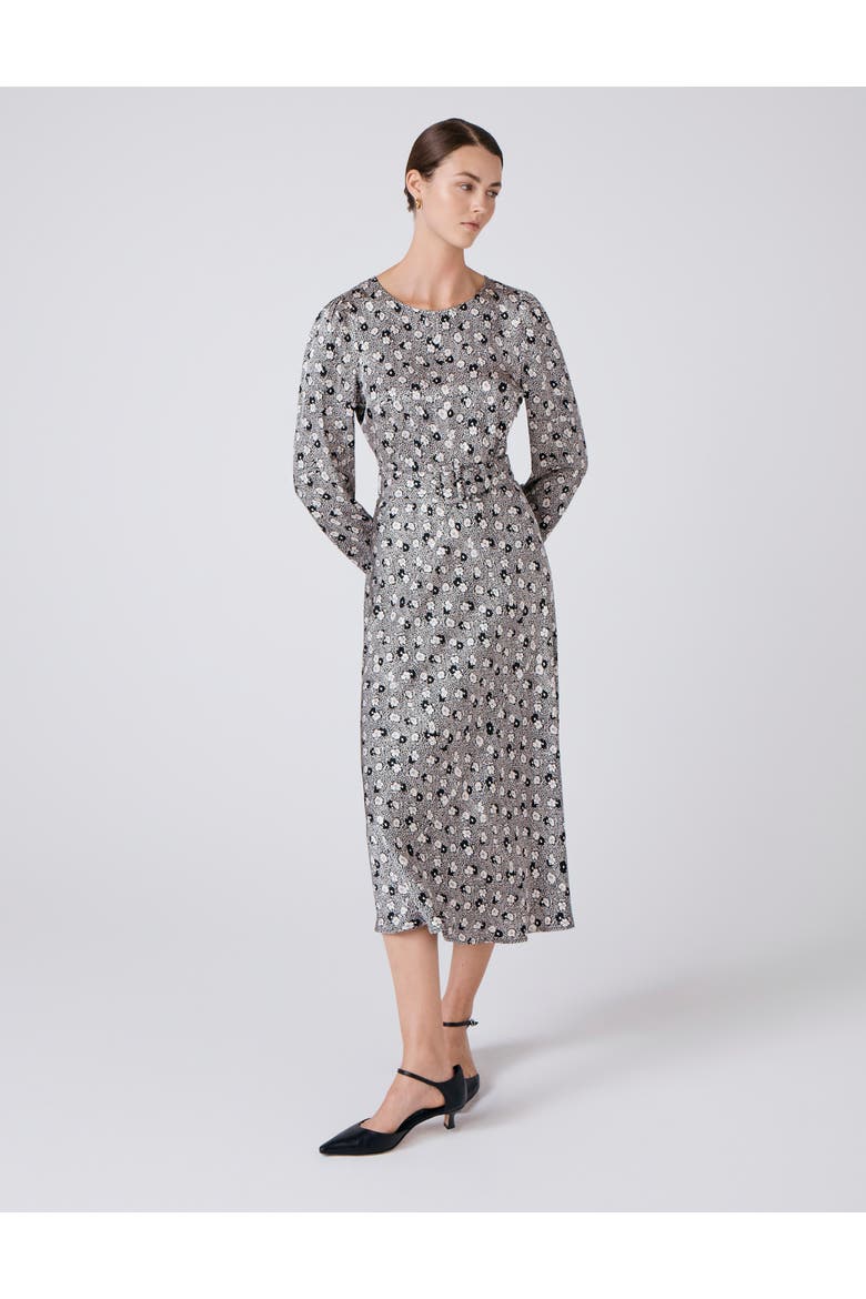 Sophia Floral Satin Midi Belted Dress, Alternate, color, Black Daisy