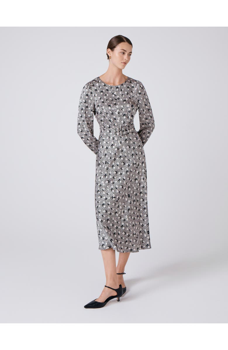 Ghost London Sophia Floral Satin Midi Belted Dress, Alternate, color, Black Daisy