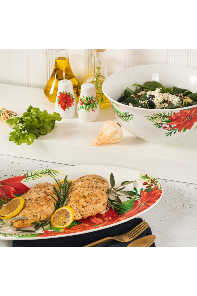 4 Piece Ceramic Serving Set  With Poinsettia Decorations, Alternate, color, Red