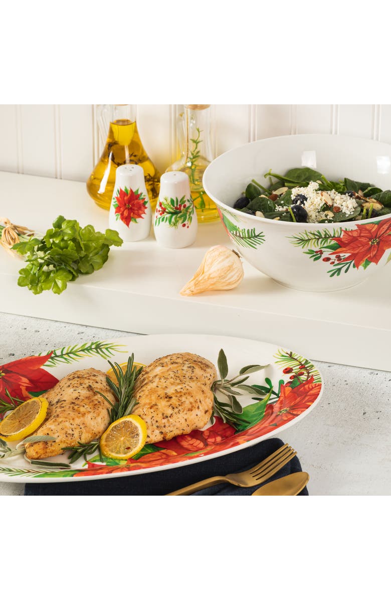 Gibson Home 4 Piece Ceramic Serving Set With Poinsettia Decorations, Alternate, color, Red