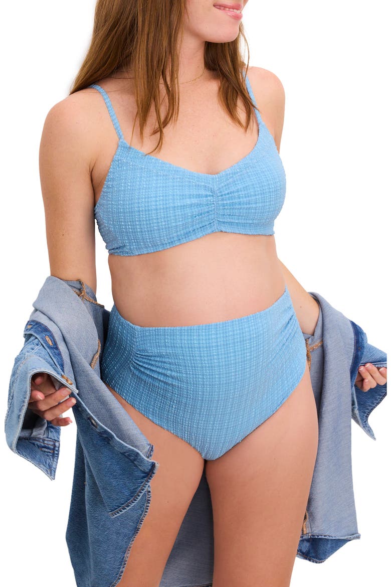 The Zanzibar Maternity Bikini, Alternate, color, Textured Blue Mini Gingham