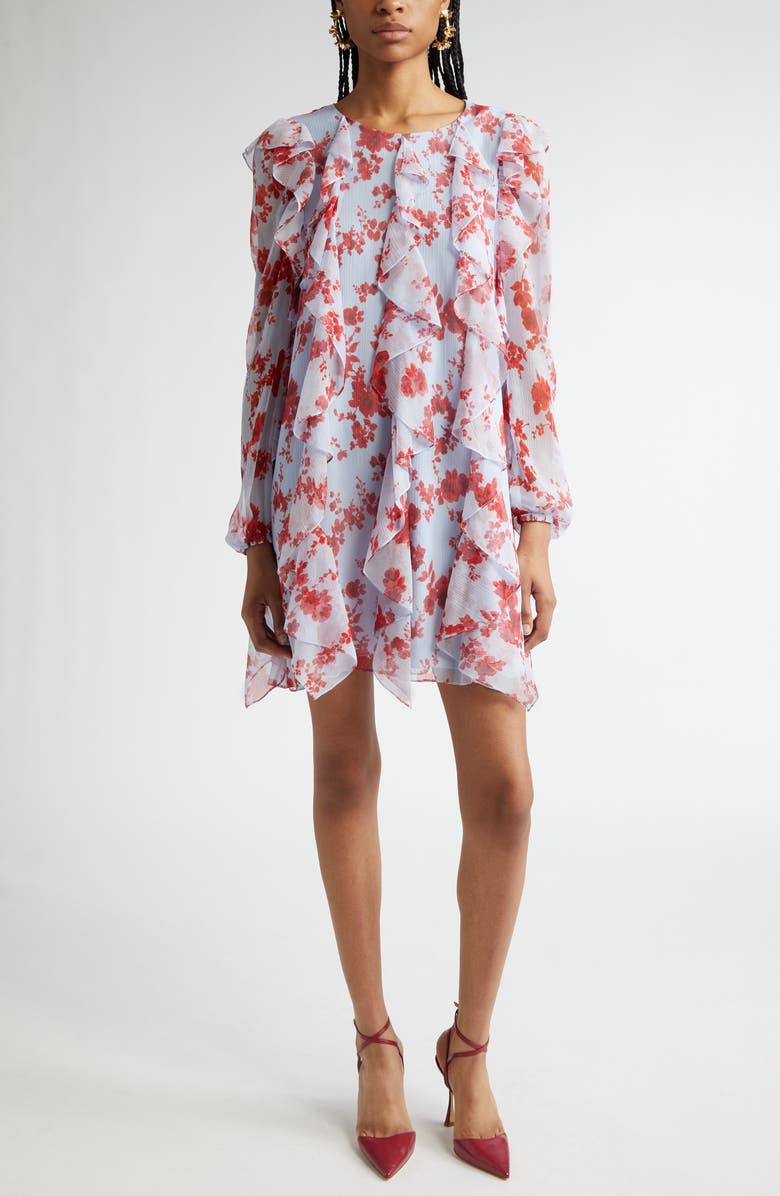 Carolina Herrera Floral Print Long Sleeve Tiered Ruffle Silk Chiffon Minidress, Main, color, Celeste Multi