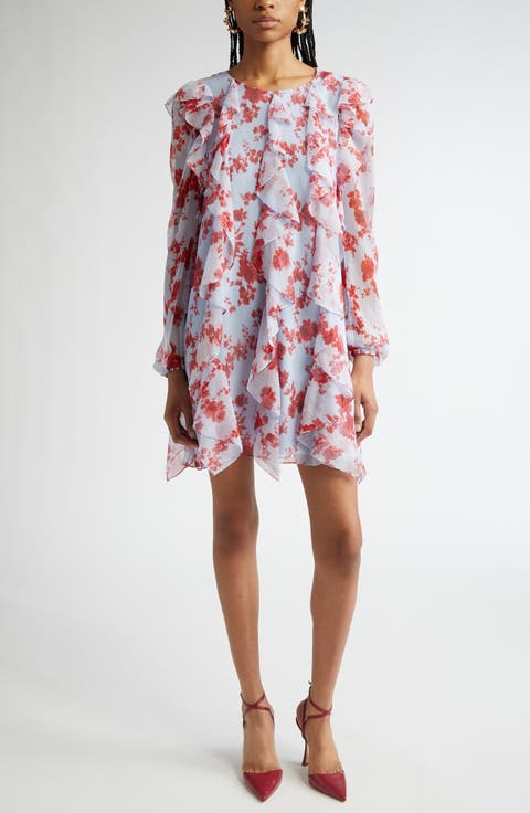 Floral Print Long Sleeve Tiered Ruffle Silk Chiffon Minidress