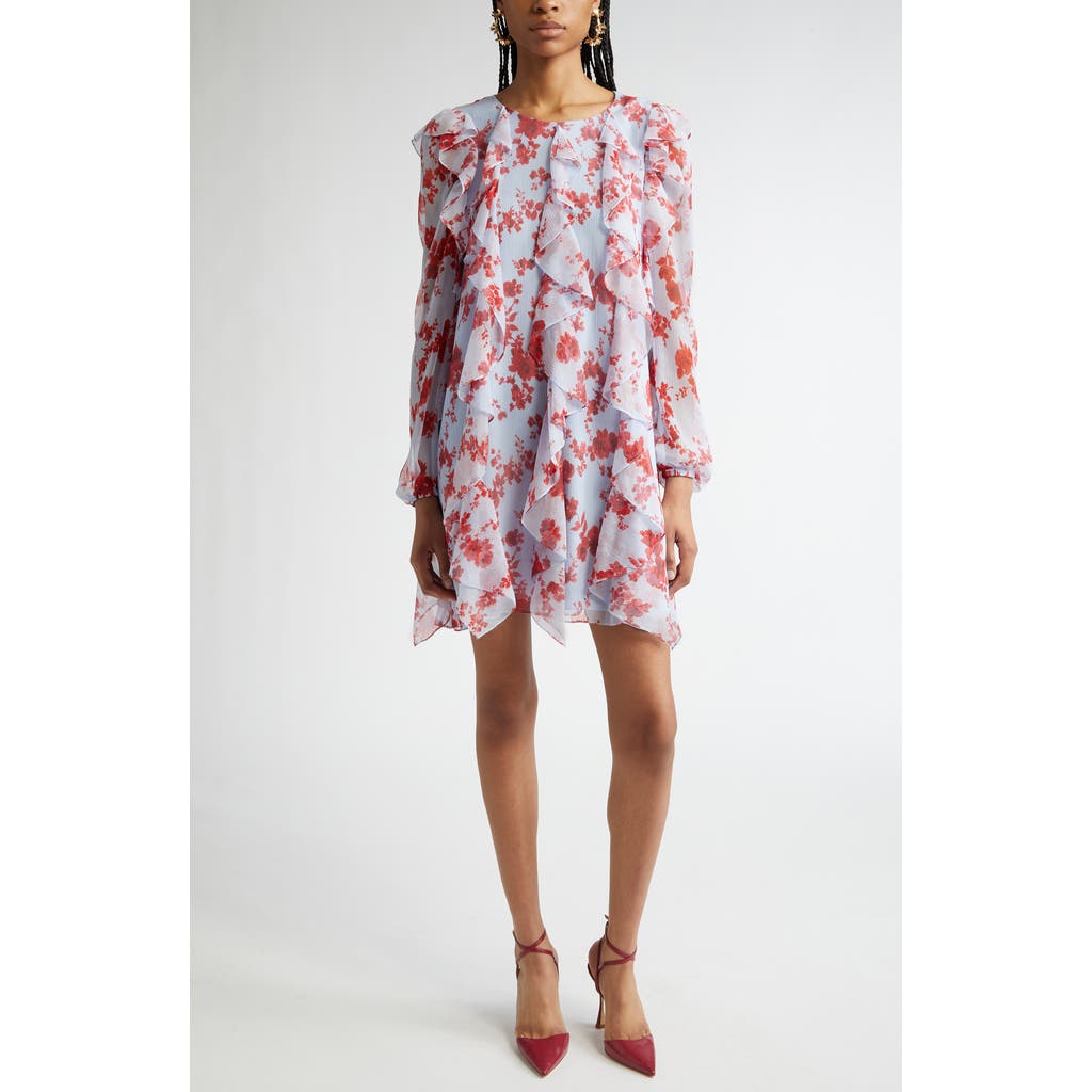 Carolina Herrera Floral Print Long Sleeve Tiered Ruffle Silk Chiffon Minidress In Celeste Multi