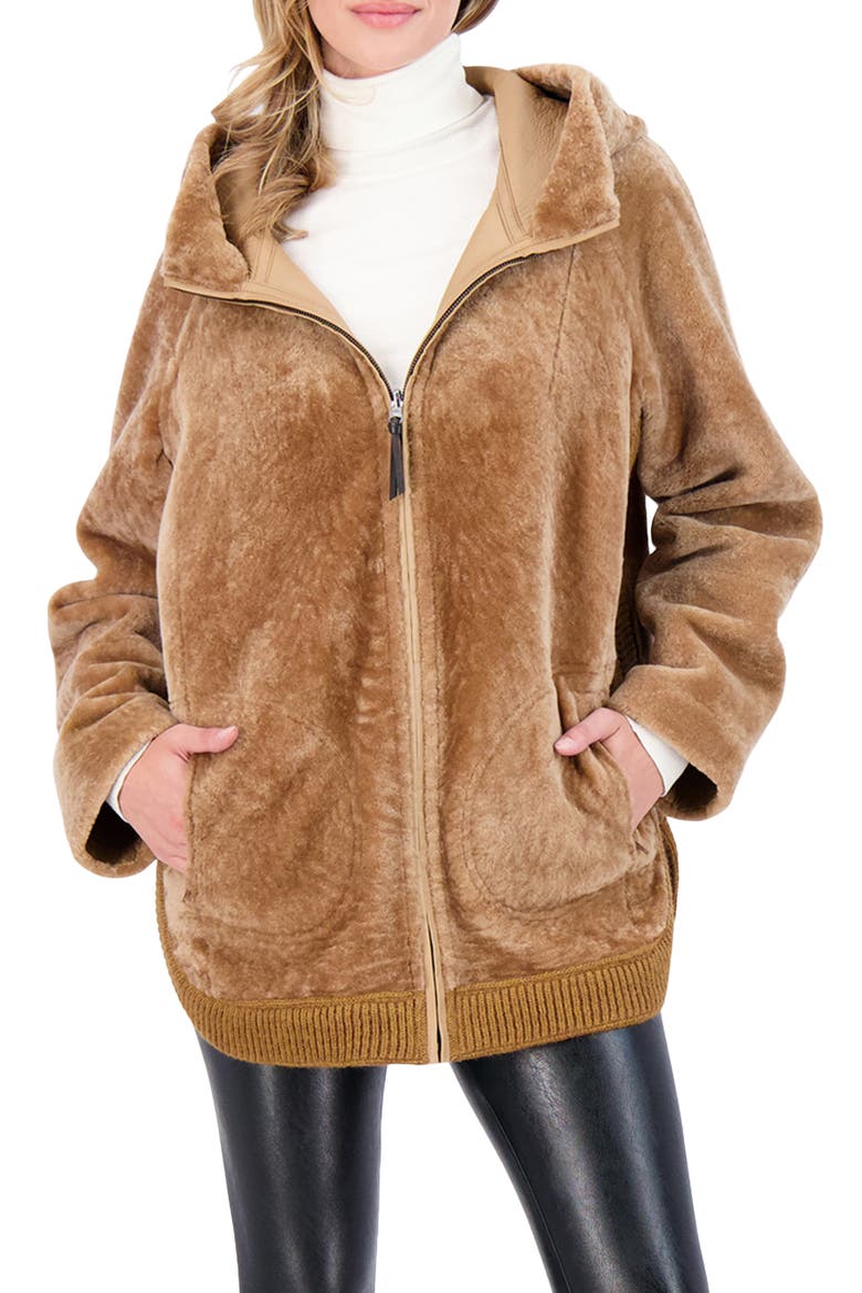 Reversible Textured Genuine Shearling Lamb Zip Parka with Ribbed Hem, Main, color, LATTE/LATTE
