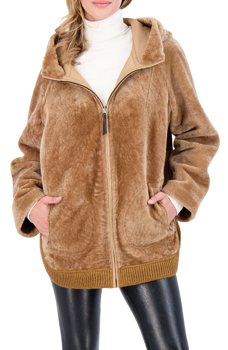GORSKI Reversible Textured Genuine Shearling Zip Parka with Ribbed Hem, Main, color, Latte/Latte