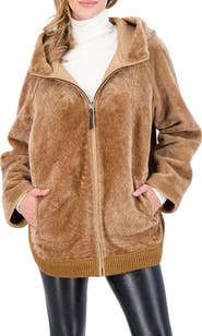 GORSKI Reversible Textured Genuine Shearling Lamb Zip Parka with Ribbed Hem