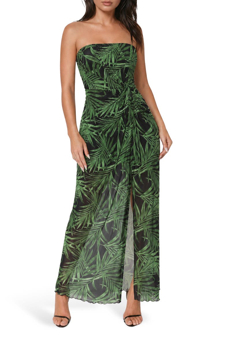 Palm Print Strapless Mesh Maxi Dress, Main, color, BLACK GREEN