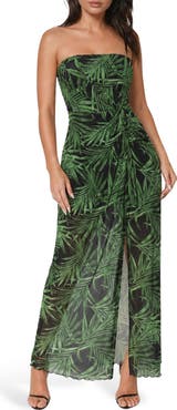 bebe Palm Print Strapless Mesh Maxi Dress