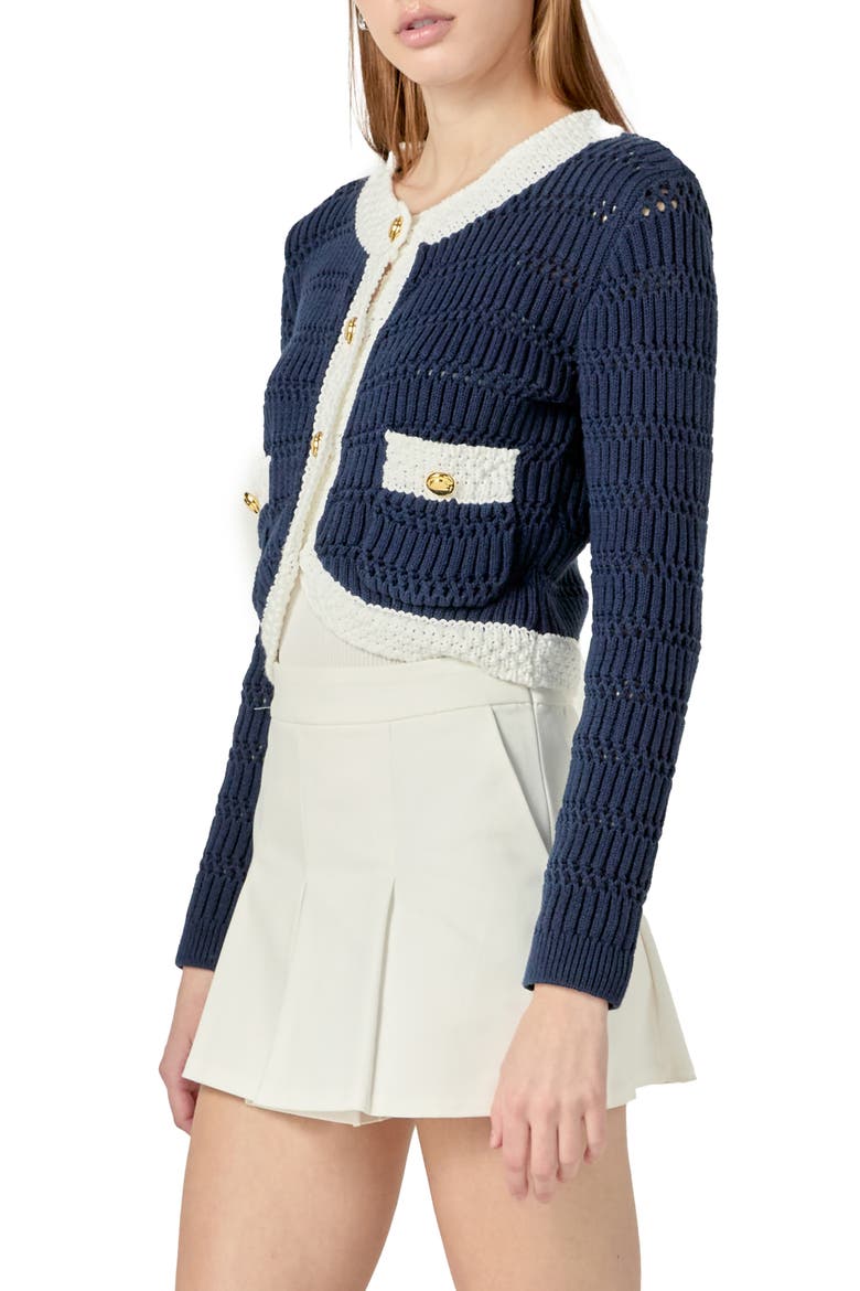 Contrast Crop Cardigan, Alternate, color, NAVY/ WHITE