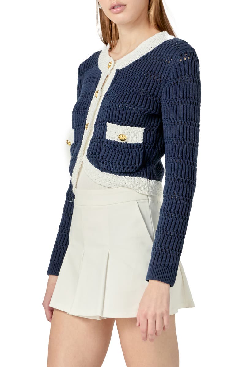 English Factory Contrast Crop Cardigan, Alternate, color, Navy/ White