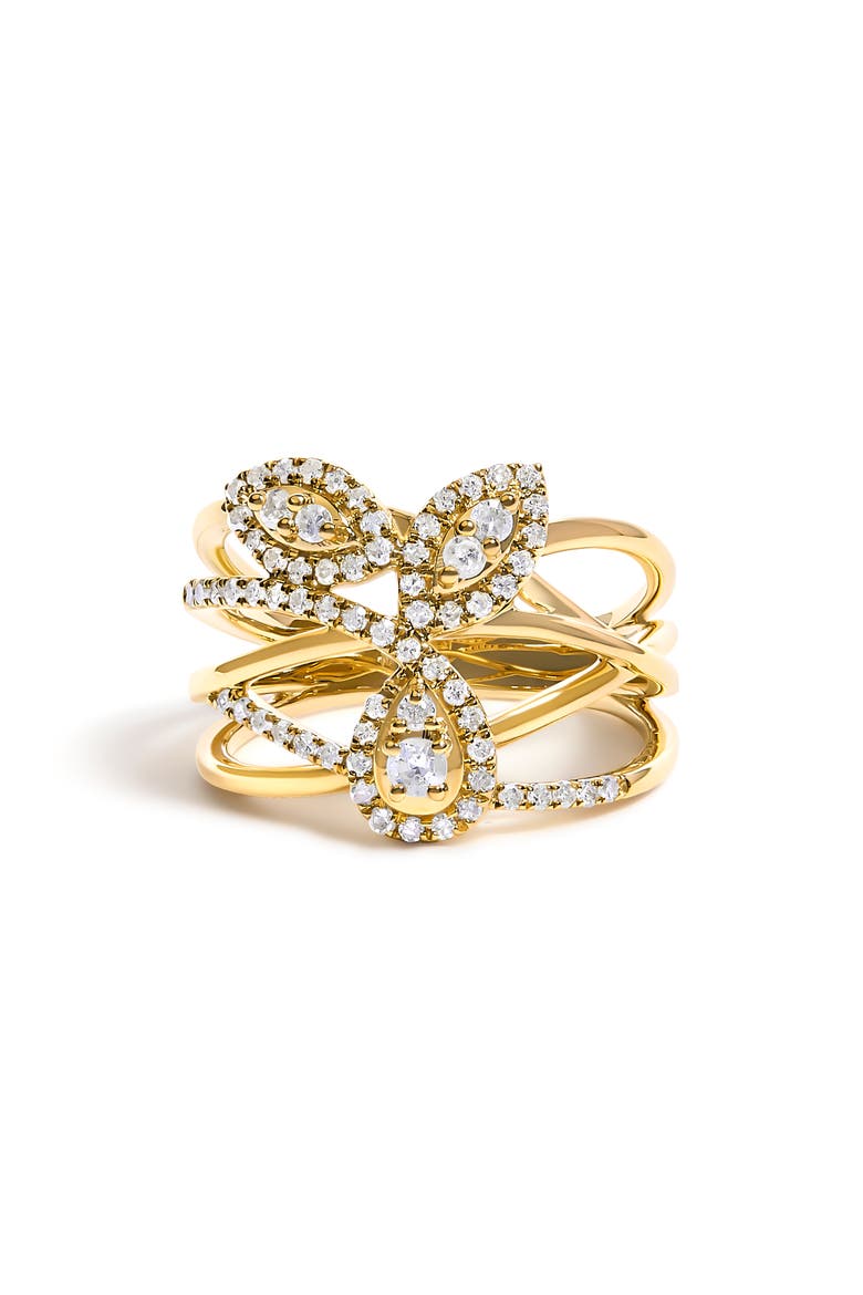 10K Yellow Gold 1/2 Cttw Diamond Crossover 3 Leaf Floral Cocktail Ring Band, Main, color, Yellow