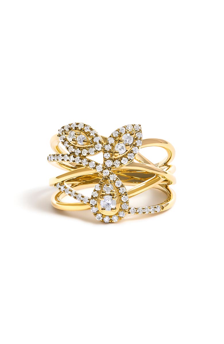 Haus of Brilliance 10K Yellow Gold 1/2 Cttw Diamond Crossover 3 Leaf Floral Cocktail Ring Band, Main, color, Yellow