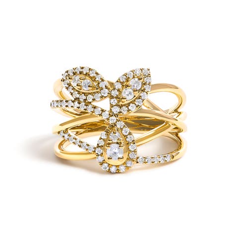 10K Yellow Gold 1/2 Cttw Diamond Crossover 3 Leaf Floral Cocktail Ring Band