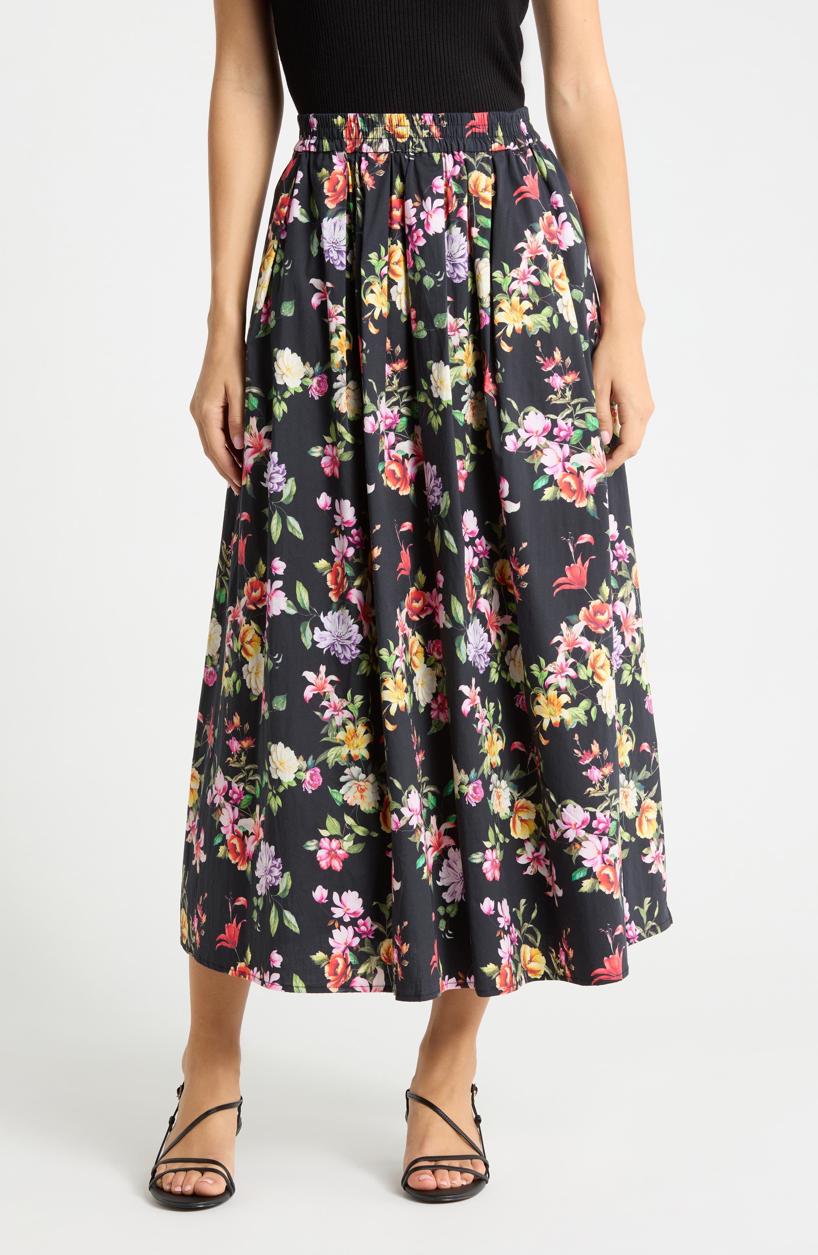 Floral Stretch Cotton Poplin Pull-On Skirt