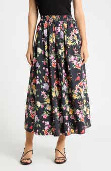 Floral Stretch Cotton Poplin Pull-On Skirt