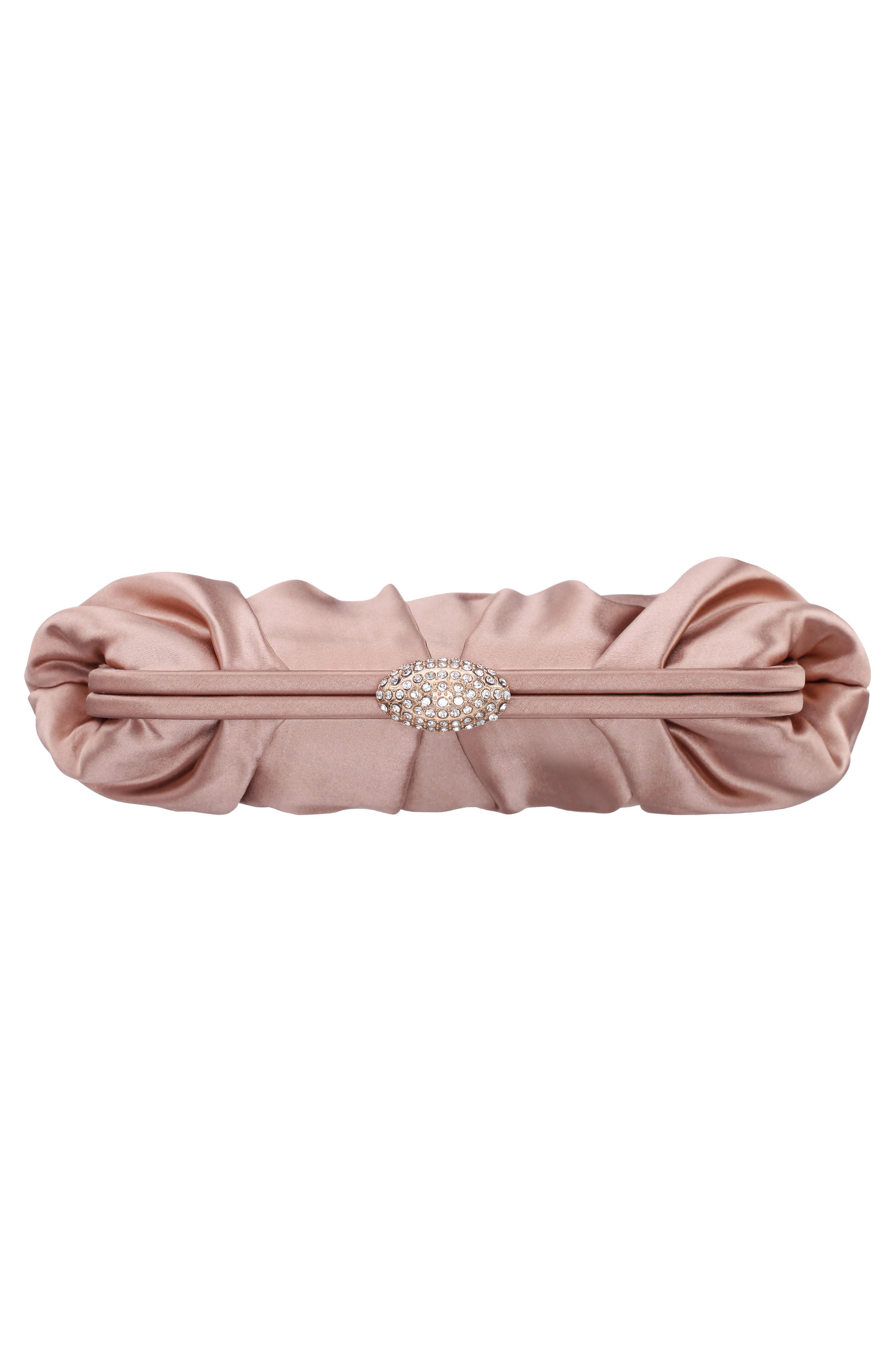 Concord Pleated Satin Frame Clutch, Alternate, color, HONEY