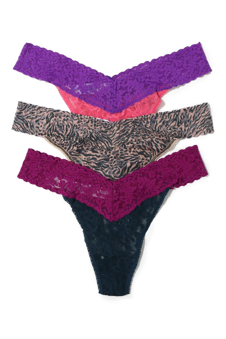 Original Rise Stretch Lace Thong Panties - Pack of 3, Main, color, PURPLE MULTI