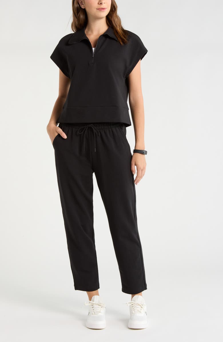 Zella Tempo Terry Half Zip Short Sleeve Sweatshirt, Alternate, color, Black