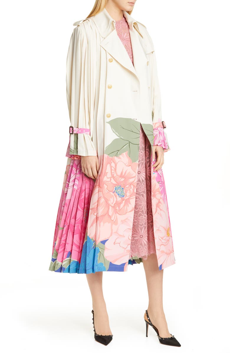 Valentino Camellia Pleated Silk Crêpe de Chine Trench, Main, color,