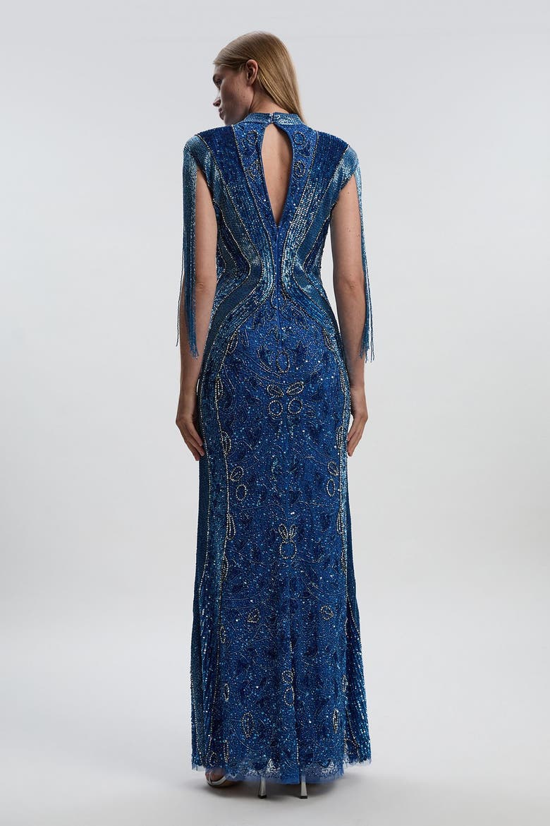 Tassel Sleeve High Neck Maxi Dress, Alternate, color, Blue