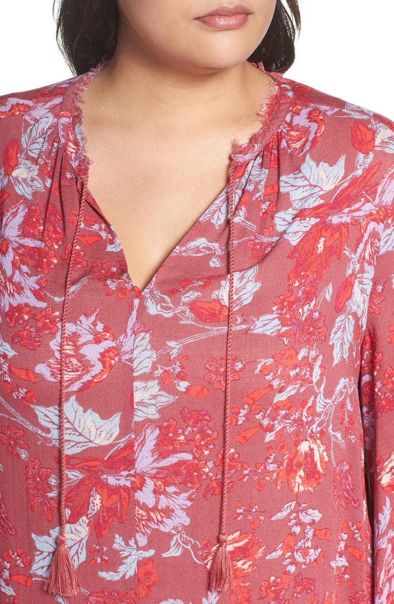 Lucky Brand Fringe Neck Floral Blouse, Alternate, color, Red Multi