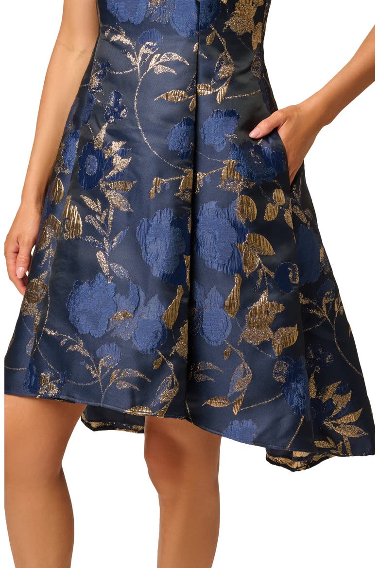 Jacquard Ruffle Sleeveless Cocktail Dress, Alternate, color, NAVY/ GOLD