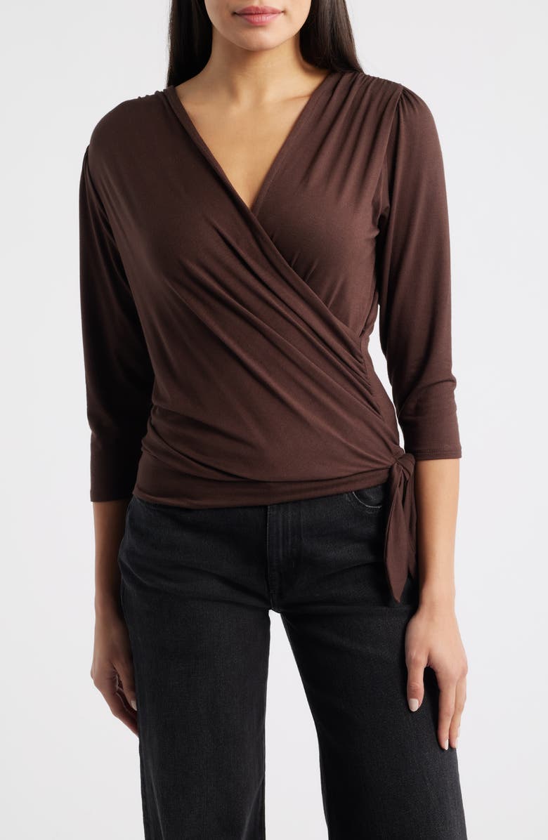 Loveappella Faux Tie Wrap Top, Main, color, Brown