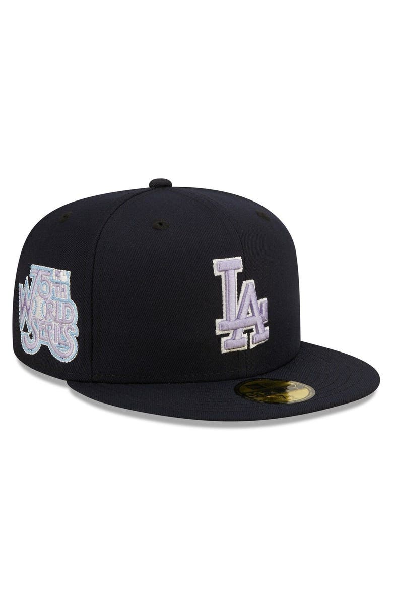 New Era Men's New Era Navy Los Angeles Dodgers 75th World Series Lavender Undervisor 59FIFTY Fitted Hat, Main, color,