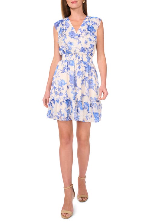 Metallic Floral Print Sleeveless Ruffle Dress