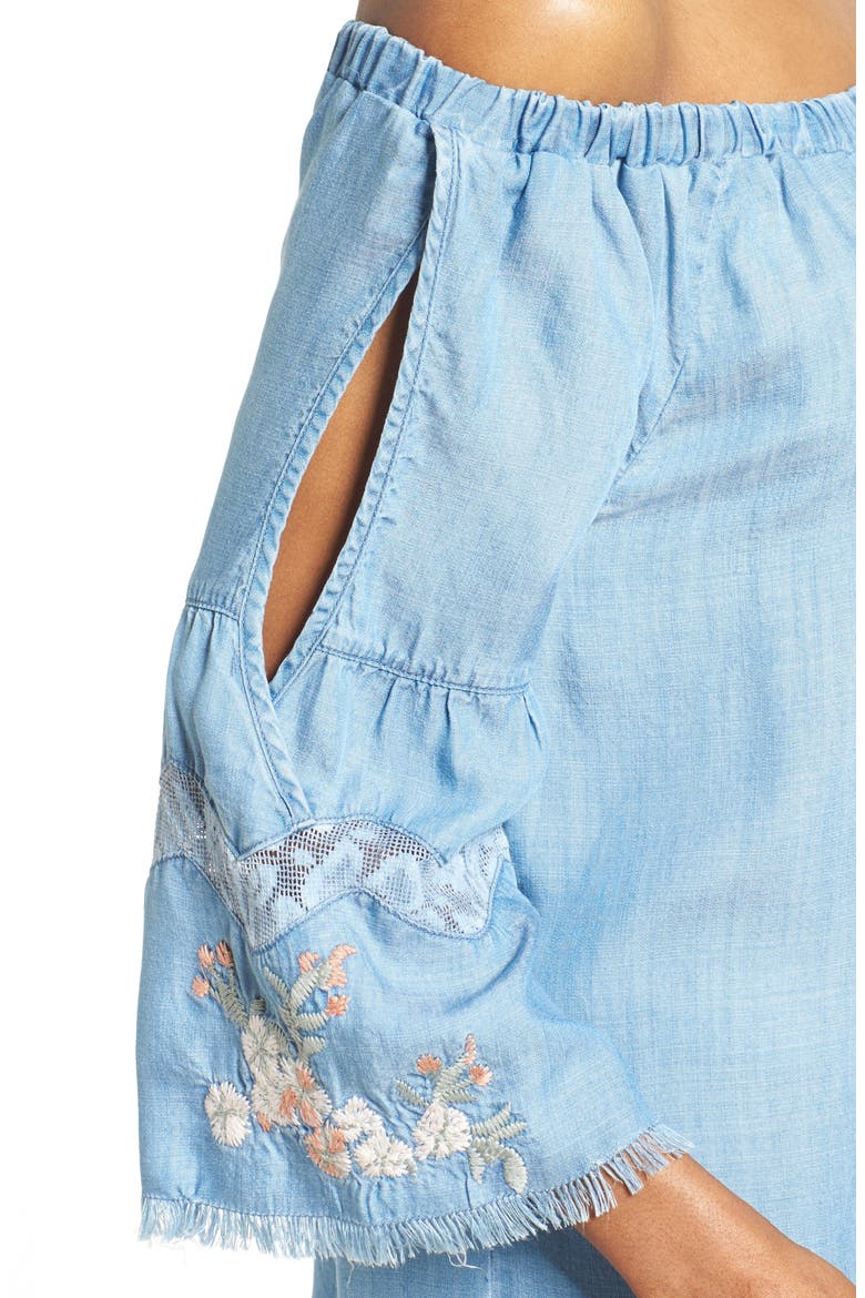 Off the Shoulder Denim Dress, Alternate, color, BLUE