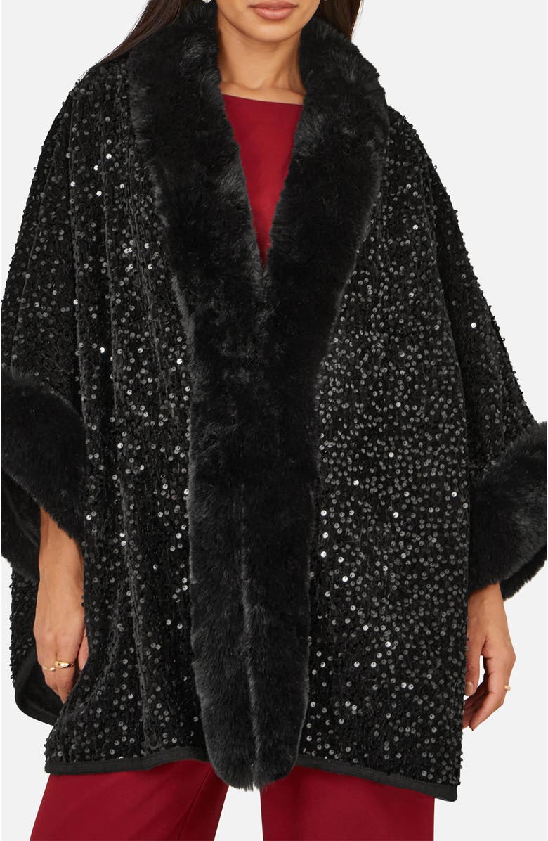 Yumi Textured Faux Fur Lined Cape, Alternate, color, Black